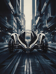 A sleek and innovative futuristic concept car that blends seamlessly into the city's architecture. The overall atmosphere is a blend of high-tech, urban, and slightly dystopian