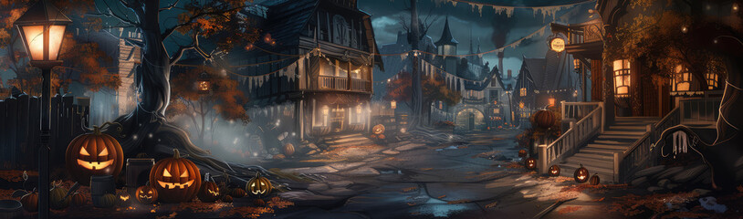 Spooky Halloween Town Scene at Twilight with Pumpkins