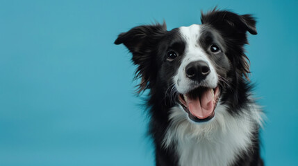 Fototapeta premium A photo of adorable portrait of amazing healthy and happy adult black and white border collie in the photo studio on the blue background