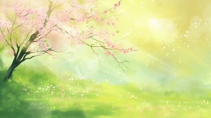 Tranquil Spring Meadow with Blossoming Tree