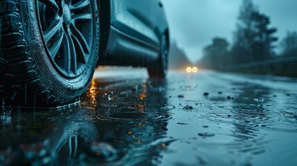 Closeup of car with leaves stuck on wheels on wet road in the autumn