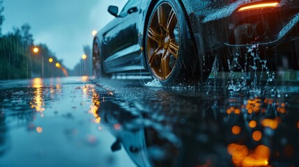 Closeup of car with leaves stuck on wheels on wet road in the autumn