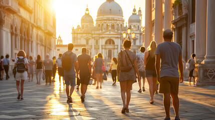 Obraz premium A picturesque image capturing tourists of various ages and backgrounds exploring iconic landmarks in a bustling cityscape, commemorating National Tourist Appreciation Day.