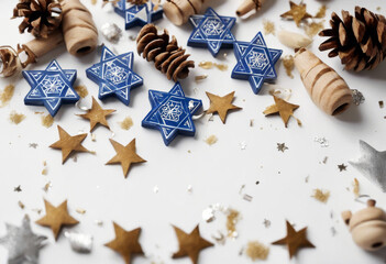 decoration anise pattern  top Decorative view  dreidel stars Flat stock lay background  Hanukkah silver Wooden white confetti cones styled composition  larch Jewish toys holiday hanukka toy game wo