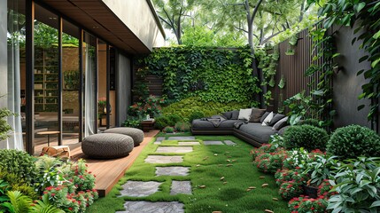 Urban rooftop garden with chic 3D green walls and faux grass areas