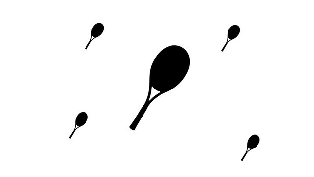 Zoom in and out animation the tennis racket symbol. Large black symbol in the center and four small symbols around. Seamless looped 4k animation on white background