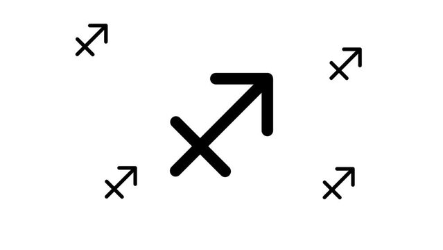 Zoom in and out animation the zodiac sagittarius symbol. Large black symbol in the center and four small symbols around. Seamless looped 4k animation on white background