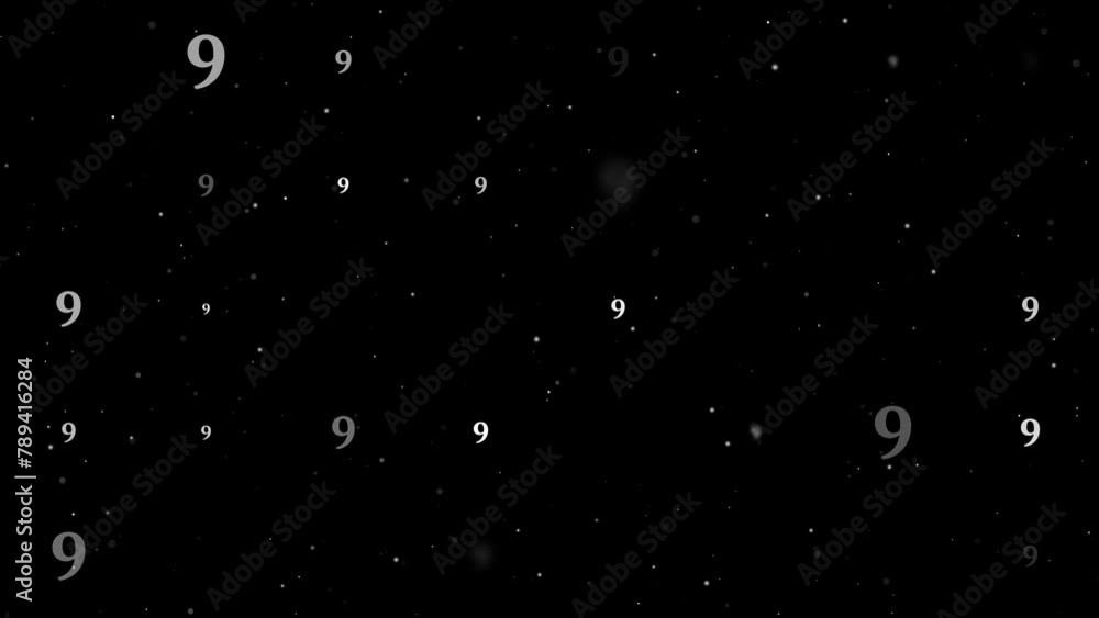 Poster template animation of evenly spaced number nine symbols of different sizes and opacity. animation of