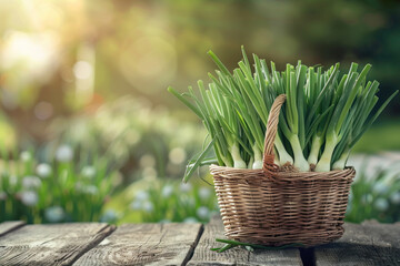 a basket full of green onions on an old wooden table with a farm background - Powered by Adobe