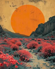 A post-apocalyptic wasteland where hope blooms in the most unlikely of places, depicted in a retro-futuristic collage of a 70s style, with pop colors and nostalgic undertones, wallpaper, poster design - obrazy, fototapety, plakaty