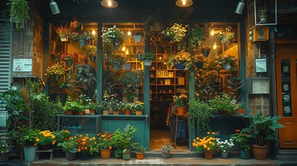 Window display of a boutique decorated with whimsical artificial hanging plants, attracting passersby - obrazy, fototapety, plakaty