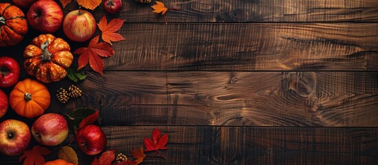 Thanksgiving theme: Apples, pumpkins, and autumn leaves on a wooden background with space for text. Suitable for Halloween, Thanksgiving, or fall season designs. Horizontal layout for mockup. - Powered by Adobe