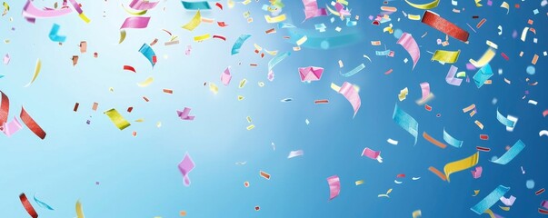 vibrant confetti falling from top with solid blue background. happy birth day