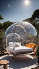 Glamping tent under sunset with comfortable interior, orange couch, and cozy bed.