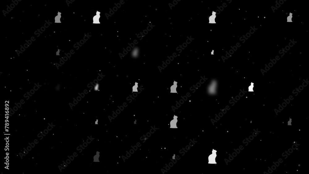 Poster template animation of evenly spaced cat symbols of different sizes and opacity. animation of transpa
