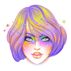 Cute teen girl with galaxy make up, dyed purple hair and stars, constellations. Art nouveau and kawaii gothic inspired. Hipster, pastel goth, vibrant colors. Vector zodiac illustration.