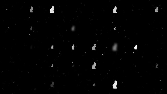 Template animation of evenly spaced cat symbols of different sizes and opacity. Animation of transparency and size. Seamless looped 4k animation on black background with stars