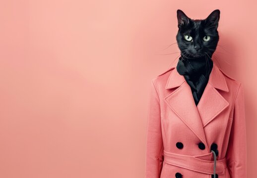 Stylish trendsetter adorned in a chic coat with a feline twist, exudes glamour against a backdrop of pink hues, in an AI-generated collage