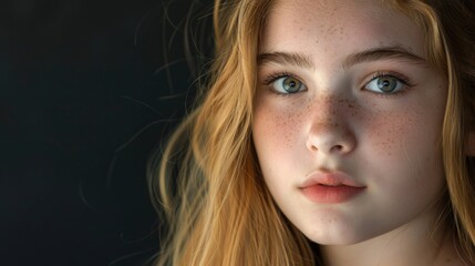 Pretty 16s teen portrait isolated on black background. Attractive redhead girl close up. Young person look camera. Beautiful female face closeup Natural beauty concept. Model at studio without make up