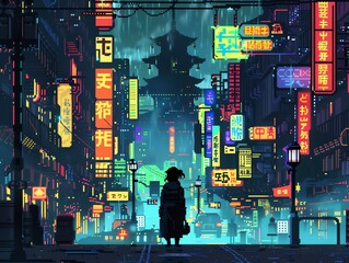 Animated pixel art of a girl detective solving a mystery in a bustling digital city, neon signs and shadowy figures - obrazy, fototapety, plakaty