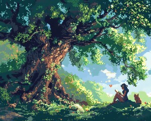 Peaceful pixel art of a girl reading under a giant tree in a mystical forest, animals peeking out