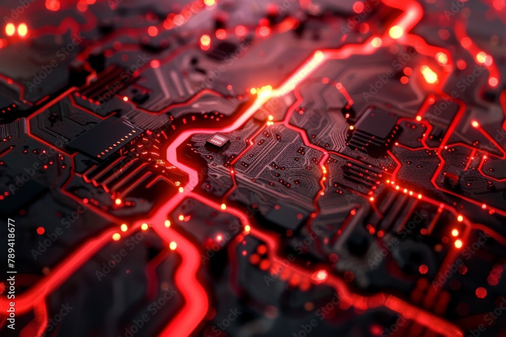 Poster a circuit board with glowing red cracks spreading from a central point, symbolizing a cyber attack c