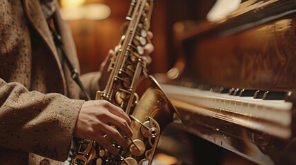 A musician plays the saxophone in front of a piano.