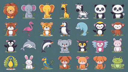 Collection of cute and colorful animals, each designed for children's cartoons and isolated on a background