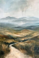 Gemälde einer skandinavischen Landschaft, Berg, Tal und Weg, Himmel mit Wolken, düster und melancholisch	 - obrazy, fototapety, plakaty