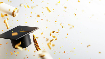 Banner for graduation invitation design. Graduation caps, gold confetti and streamers on a light white background with copy space for text. registration of the graduation ceremony on social networks.