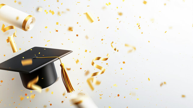 Banner for graduation invitation design. Graduation caps, gold confetti and streamers on a light white background with copy space for text. registration of the graduation ceremony on social networks.