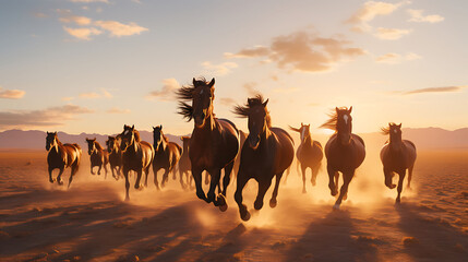 A group of wild horses running freely across a vast, sunlit plain.