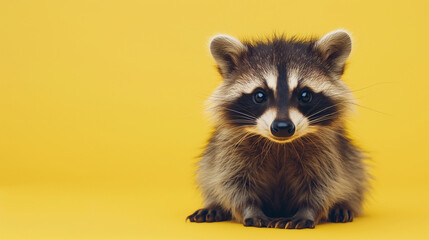 little raccoon on the yellow background - obrazy, fototapety, plakaty