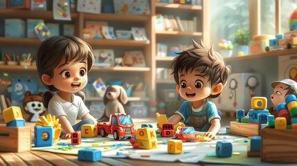 Cartoon kindergarteners at playtime, colorful toys and games spread around them - obrazy, fototapety, plakaty