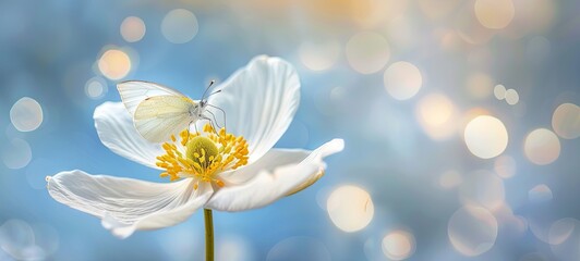 Shallow focus detail of a white anemone flower with yellow stamens and a butterfly in a nature macro against a blue sky with beautiful bokeh. generative ai