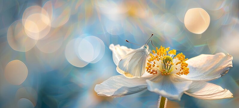 Shallow focus detail of a white anemone flower with yellow stamens and a butterfly in a nature macro against a blue sky with beautiful bokeh. generative ai