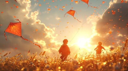 Joyful kids flying kites in a breezy 3D rendered field, colorful kites in the sky - obrazy, fototapety, plakaty