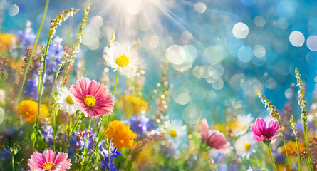 Fototapeta na wymiar spring meadow with flowers . Colorful flower meadow with sunbeams and blue sky and bokeh lights in summer - nature background