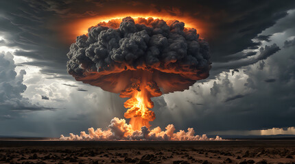 a massive mushroom cloud rising from a nuclear explosion, with an intense fiery base and a dark, billowing plume against a tumultuous sky