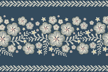 Ethnic Floral pattern seamless embroidery blue background. Ikat  flower ditsy motif traditional. Aztec style abstract vector illustration vintage design for print template.