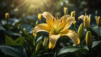 Bright yellow lily with dark speckles blooms in full splendor, its petals unfurling gracefully towards sun. Surrounded by lush green foliage, closed buds promising future blooms.