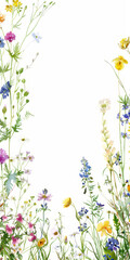 Illustration of colorful flowers. White space in the middle for wring notes. Watercoloring floral in abstract style. AI Generative. 