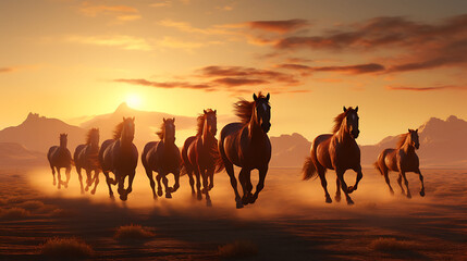 Fototapeta na wymiar A group of wild horses running freely across a vast, sunlit plain.