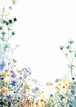 Illustration of colorful flowers. White space in the middle for wring notes. Watercoloring floral in abstract style. AI Generative. 