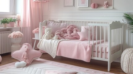 light pink baby PLAYPEN logo, with a plain and white background, and a baby bed. Generated AI.