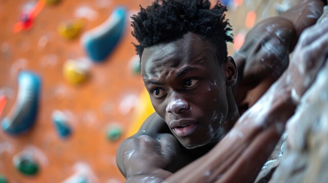A climber focuses intently as he scales an indoor climbing wall