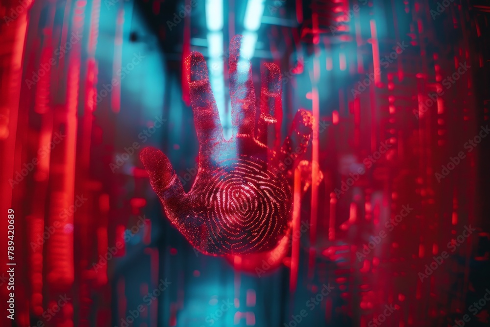 Poster a digital fingerprint scan grants access to a secure system, while a red handprint with a glitch eff