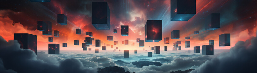 Ethereal clouds swirling amidst a backdrop of futuristic neon rhombus frames - obrazy, fototapety, plakaty
