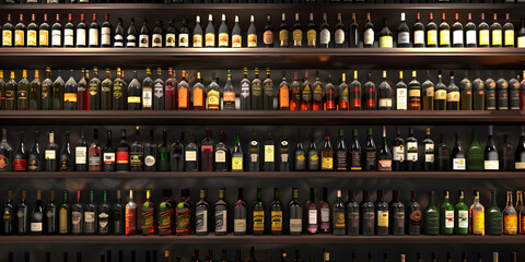 Shelves filled with liquor bottles in a bar, Bottles of Elegance