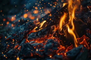 A dramatic close-up of a campfire, flames licking at the night sky and casting dancing shadows.